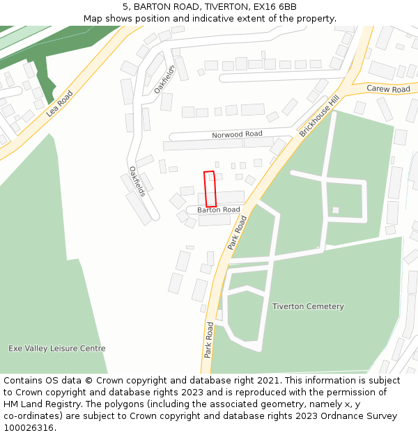 5, BARTON ROAD, TIVERTON, EX16 6BB: Location map and indicative extent of plot