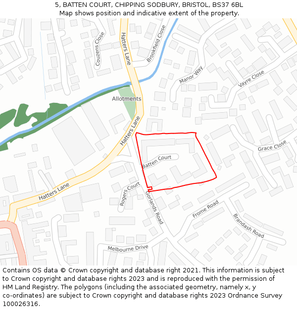 5, BATTEN COURT, CHIPPING SODBURY, BRISTOL, BS37 6BL: Location map and indicative extent of plot