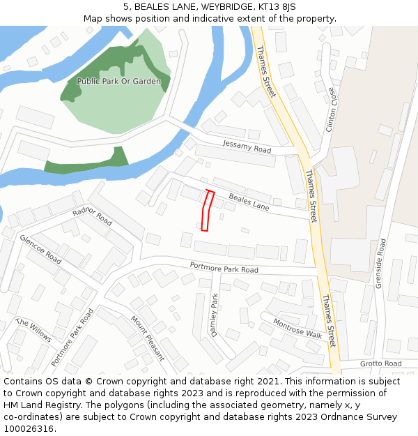 5, BEALES LANE, WEYBRIDGE, KT13 8JS: Location map and indicative extent of plot