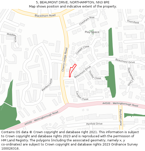 5, BEAUMONT DRIVE, NORTHAMPTON, NN3 8PE: Location map and indicative extent of plot