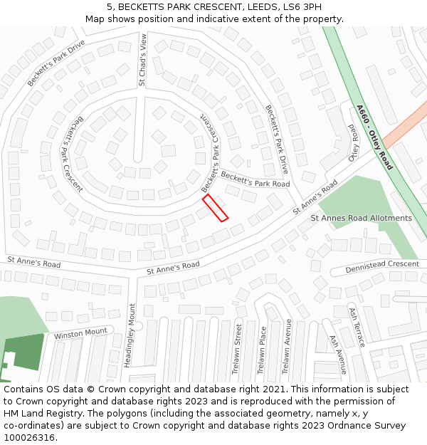 5, BECKETTS PARK CRESCENT, LEEDS, LS6 3PH: Location map and indicative extent of plot