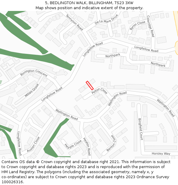 5, BEDLINGTON WALK, BILLINGHAM, TS23 3XW: Location map and indicative extent of plot