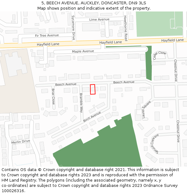 5, BEECH AVENUE, AUCKLEY, DONCASTER, DN9 3LS: Location map and indicative extent of plot