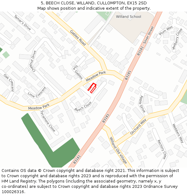5, BEECH CLOSE, WILLAND, CULLOMPTON, EX15 2SD: Location map and indicative extent of plot
