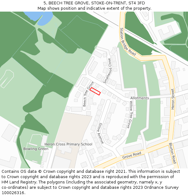 5, BEECH TREE GROVE, STOKE-ON-TRENT, ST4 3FD: Location map and indicative extent of plot