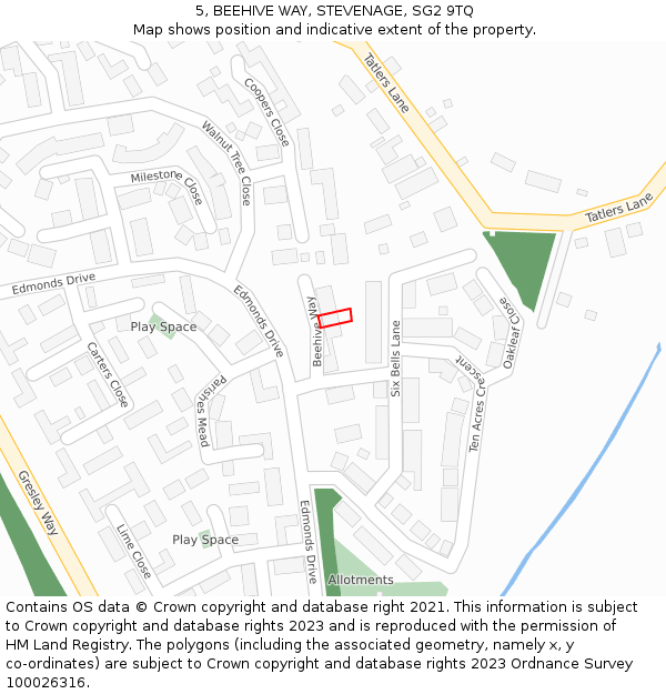 5, BEEHIVE WAY, STEVENAGE, SG2 9TQ: Location map and indicative extent of plot