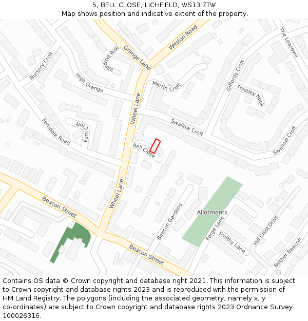 5, BELL CLOSE, LICHFIELD, WS13 7TW: Location map and indicative extent of plot