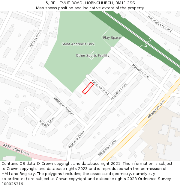 5, BELLEVUE ROAD, HORNCHURCH, RM11 3SS: Location map and indicative extent of plot