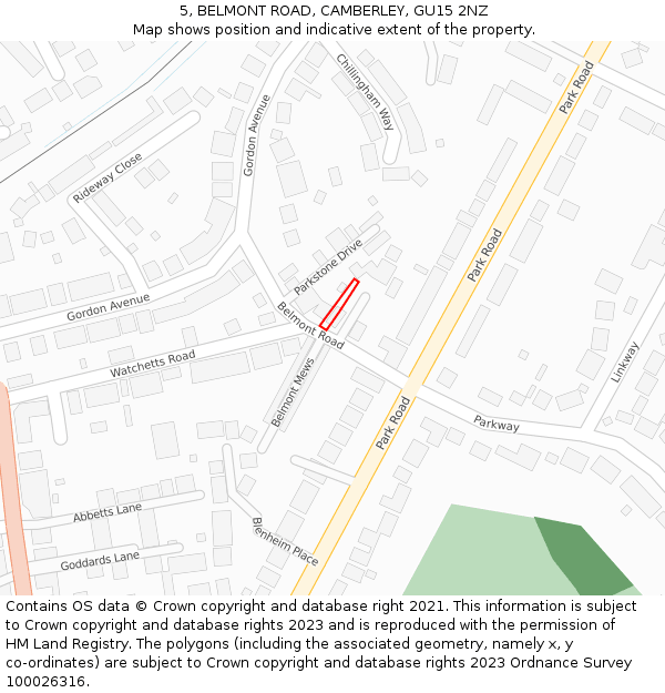 5, BELMONT ROAD, CAMBERLEY, GU15 2NZ: Location map and indicative extent of plot