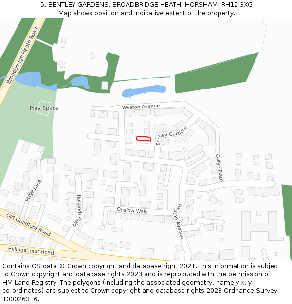 5, BENTLEY GARDENS, BROADBRIDGE HEATH, HORSHAM, RH12 3XG: Location map and indicative extent of plot