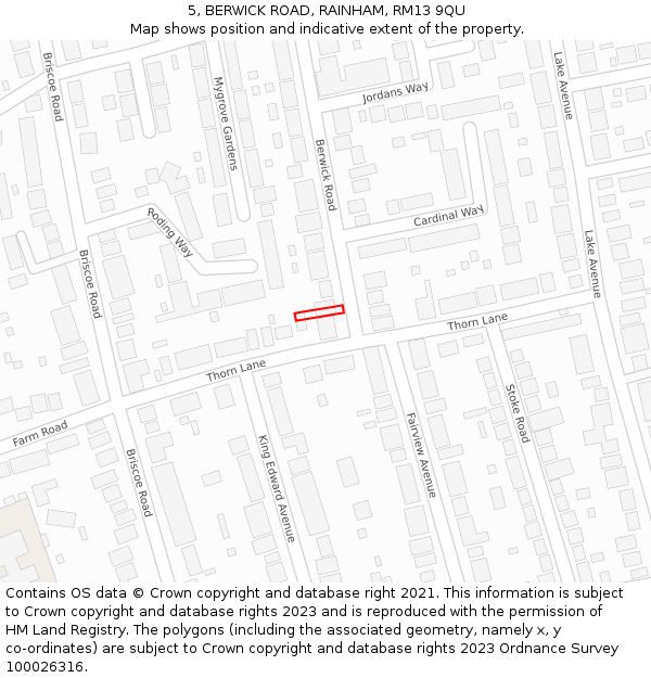 5, BERWICK ROAD, RAINHAM, RM13 9QU: Location map and indicative extent of plot