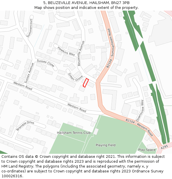 5, BEUZEVILLE AVENUE, HAILSHAM, BN27 3PB: Location map and indicative extent of plot