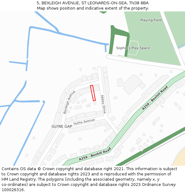 5, BEXLEIGH AVENUE, ST LEONARDS-ON-SEA, TN38 8BA: Location map and indicative extent of plot