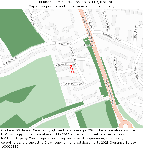 5, BILBERRY CRESCENT, SUTTON COLDFIELD, B76 1SL: Location map and indicative extent of plot