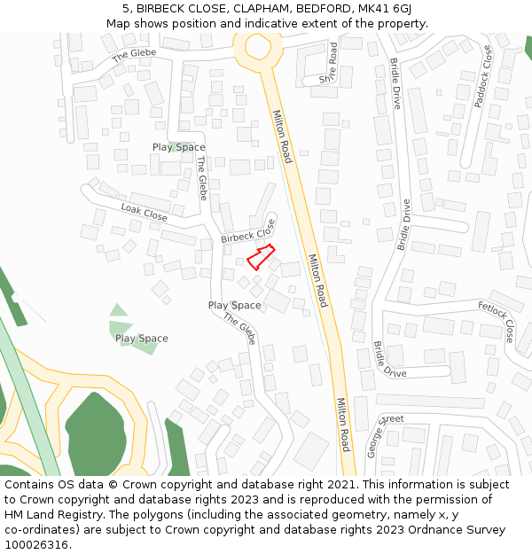 5, BIRBECK CLOSE, CLAPHAM, BEDFORD, MK41 6GJ: Location map and indicative extent of plot