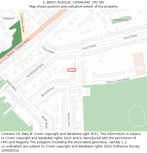 5, BIRCH AVENUE, CATERHAM, CR3 5RY: Location map and indicative extent of plot