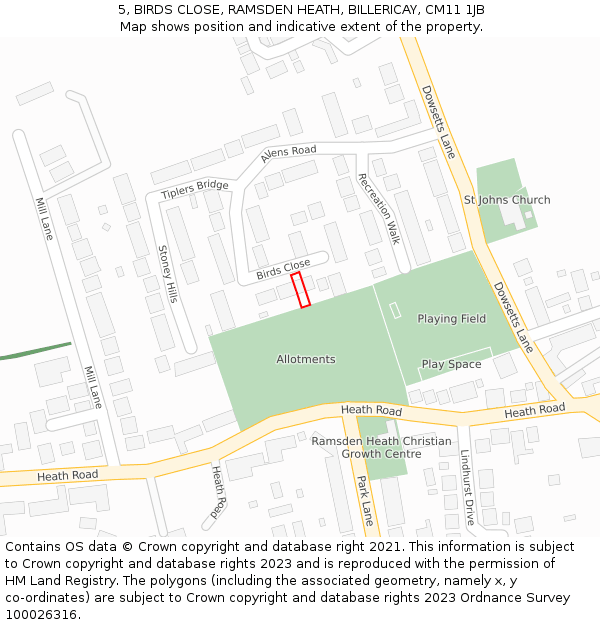 5, BIRDS CLOSE, RAMSDEN HEATH, BILLERICAY, CM11 1JB: Location map and indicative extent of plot