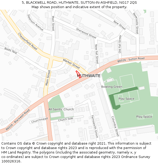 5, BLACKWELL ROAD, HUTHWAITE, SUTTON-IN-ASHFIELD, NG17 2QS: Location map and indicative extent of plot