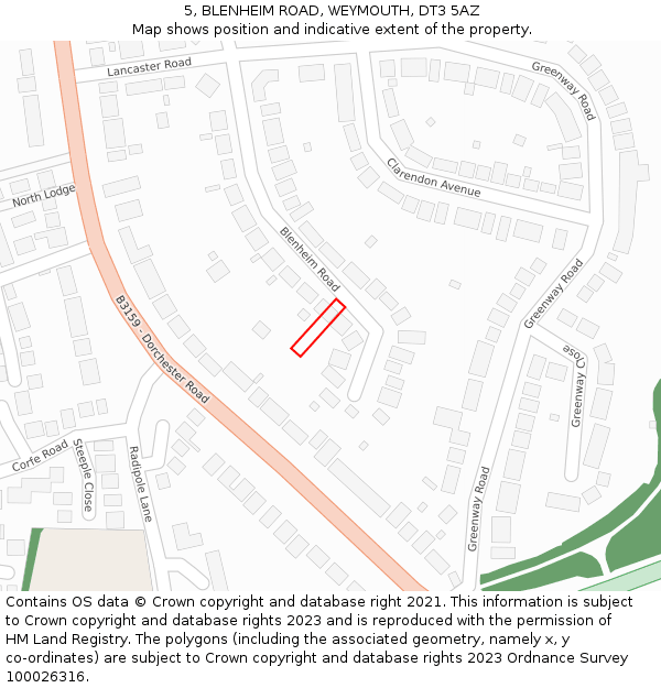 5, BLENHEIM ROAD, WEYMOUTH, DT3 5AZ: Location map and indicative extent of plot