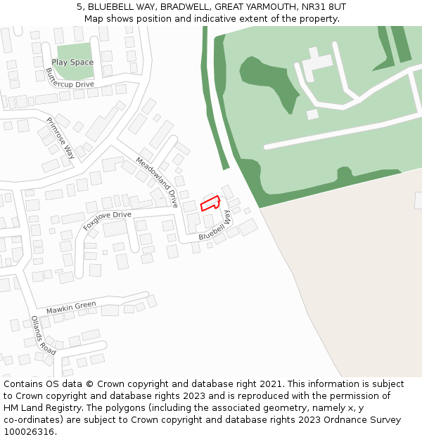 5, BLUEBELL WAY, BRADWELL, GREAT YARMOUTH, NR31 8UT: Location map and indicative extent of plot