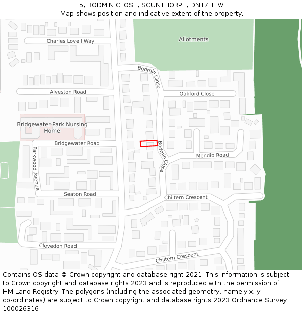 5, BODMIN CLOSE, SCUNTHORPE, DN17 1TW: Location map and indicative extent of plot