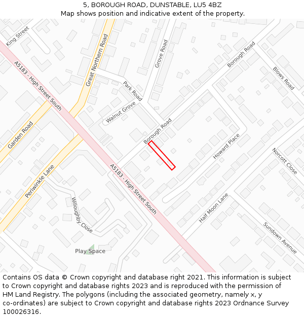 5, BOROUGH ROAD, DUNSTABLE, LU5 4BZ: Location map and indicative extent of plot