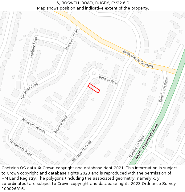 5, BOSWELL ROAD, RUGBY, CV22 6JD: Location map and indicative extent of plot