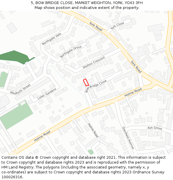 5, BOW BRIDGE CLOSE, MARKET WEIGHTON, YORK, YO43 3FH: Location map and indicative extent of plot