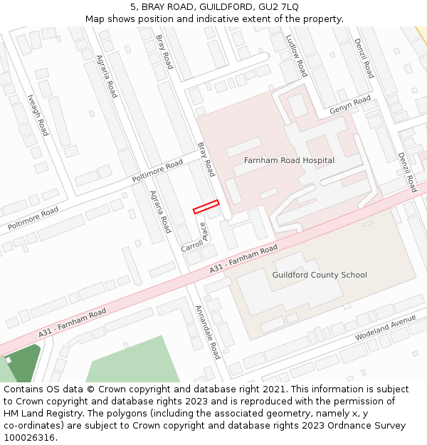 5, BRAY ROAD, GUILDFORD, GU2 7LQ: Location map and indicative extent of plot