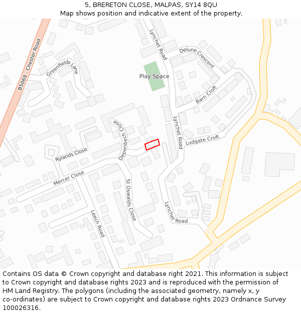 5, BRERETON CLOSE, MALPAS, SY14 8QU: Location map and indicative extent of plot