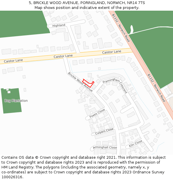 5, BRICKLE WOOD AVENUE, PORINGLAND, NORWICH, NR14 7TS: Location map and indicative extent of plot