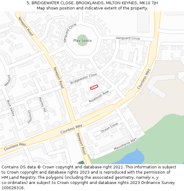 5, BRIDGEWATER CLOSE, BROOKLANDS, MILTON KEYNES, MK10 7JH: Location map and indicative extent of plot