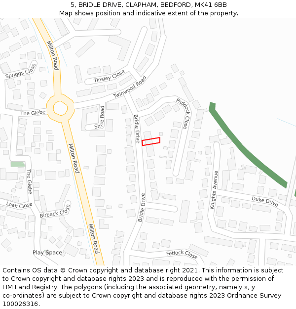 5, BRIDLE DRIVE, CLAPHAM, BEDFORD, MK41 6BB: Location map and indicative extent of plot
