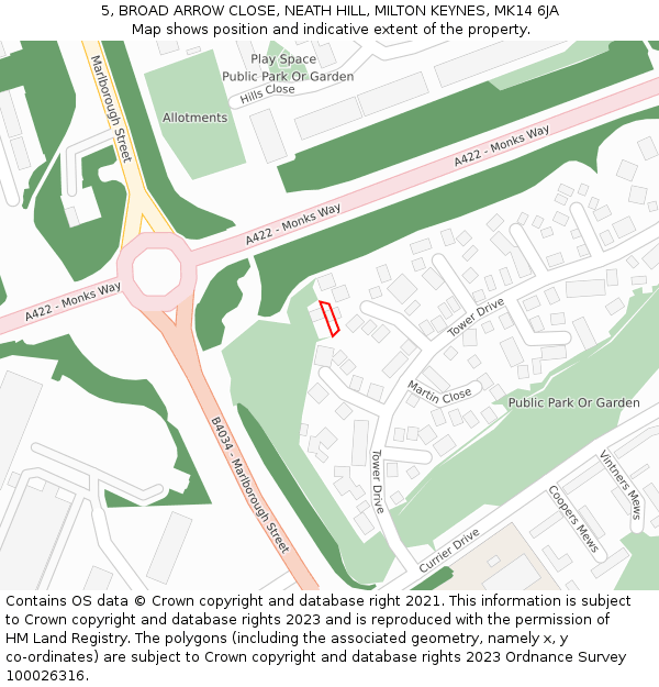 5, BROAD ARROW CLOSE, NEATH HILL, MILTON KEYNES, MK14 6JA: Location map and indicative extent of plot