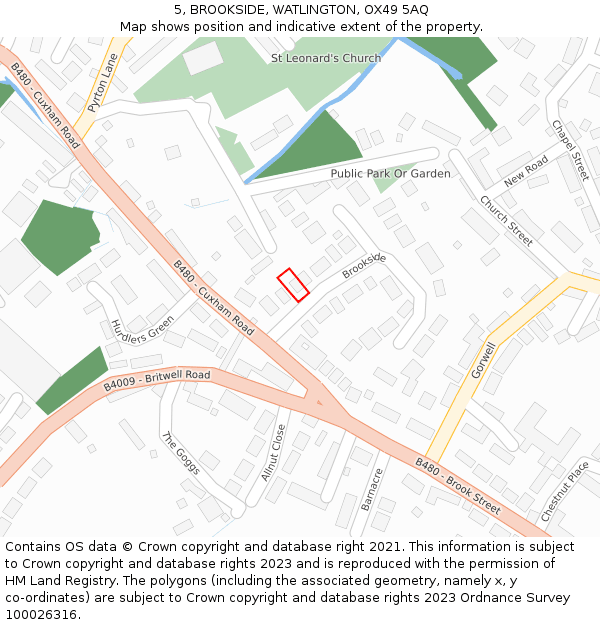 5, BROOKSIDE, WATLINGTON, OX49 5AQ: Location map and indicative extent of plot