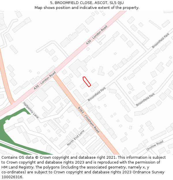 5, BROOMFIELD CLOSE, ASCOT, SL5 0JU: Location map and indicative extent of plot