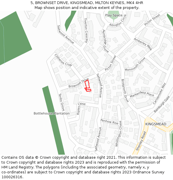 5, BROWNSET DRIVE, KINGSMEAD, MILTON KEYNES, MK4 4HR: Location map and indicative extent of plot