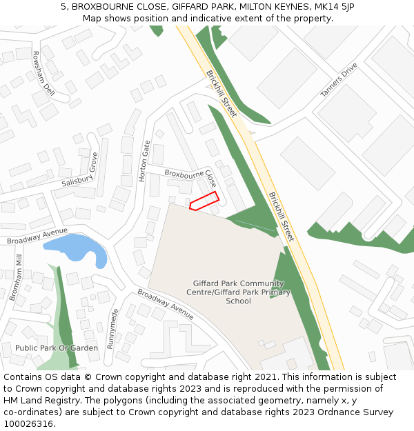 5, BROXBOURNE CLOSE, GIFFARD PARK, MILTON KEYNES, MK14 5JP: Location map and indicative extent of plot