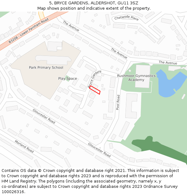 5, BRYCE GARDENS, ALDERSHOT, GU11 3SZ: Location map and indicative extent of plot