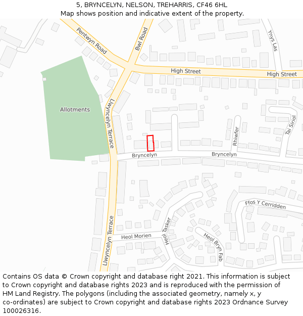 5, BRYNCELYN, NELSON, TREHARRIS, CF46 6HL: Location map and indicative extent of plot