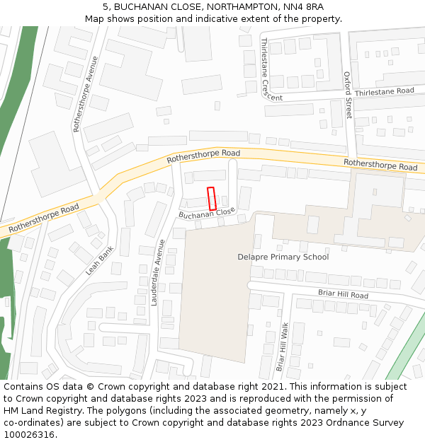 5, BUCHANAN CLOSE, NORTHAMPTON, NN4 8RA: Location map and indicative extent of plot