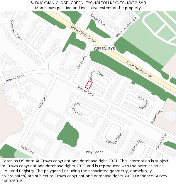 5, BUCKMAN CLOSE, GREENLEYS, MILTON KEYNES, MK12 6AB: Location map and indicative extent of plot