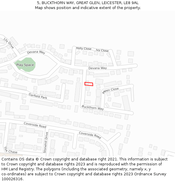 5, BUCKTHORN WAY, GREAT GLEN, LEICESTER, LE8 9AL: Location map and indicative extent of plot