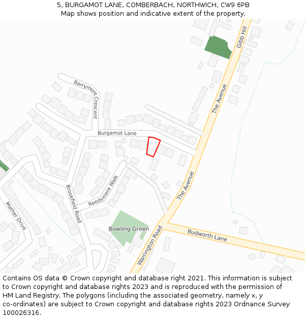 5, BURGAMOT LANE, COMBERBACH, NORTHWICH, CW9 6PB: Location map and indicative extent of plot