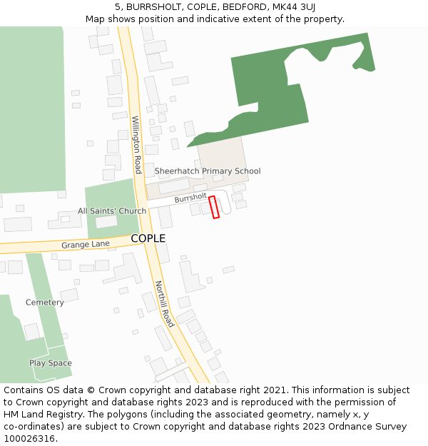 5, BURRSHOLT, COPLE, BEDFORD, MK44 3UJ: Location map and indicative extent of plot