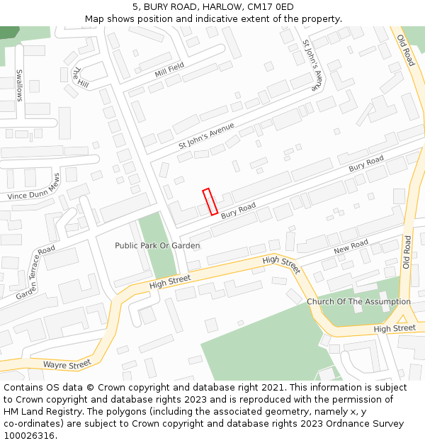 5, BURY ROAD, HARLOW, CM17 0ED: Location map and indicative extent of plot