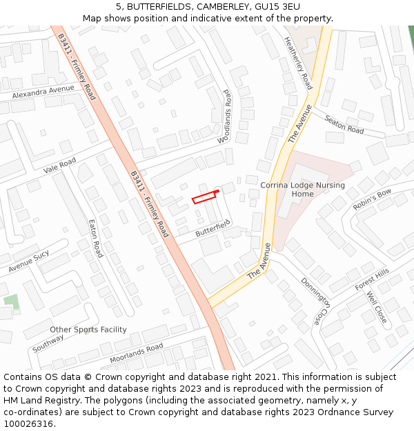 5, BUTTERFIELDS, CAMBERLEY, GU15 3EU: Location map and indicative extent of plot