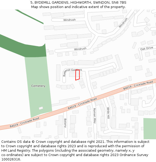 5, BYDEMILL GARDENS, HIGHWORTH, SWINDON, SN6 7BS: Location map and indicative extent of plot