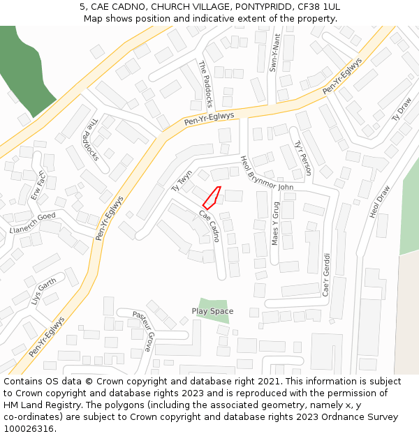 5, CAE CADNO, CHURCH VILLAGE, PONTYPRIDD, CF38 1UL: Location map and indicative extent of plot