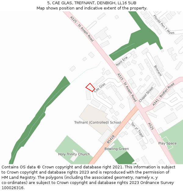 5, CAE GLAS, TREFNANT, DENBIGH, LL16 5UB: Location map and indicative extent of plot